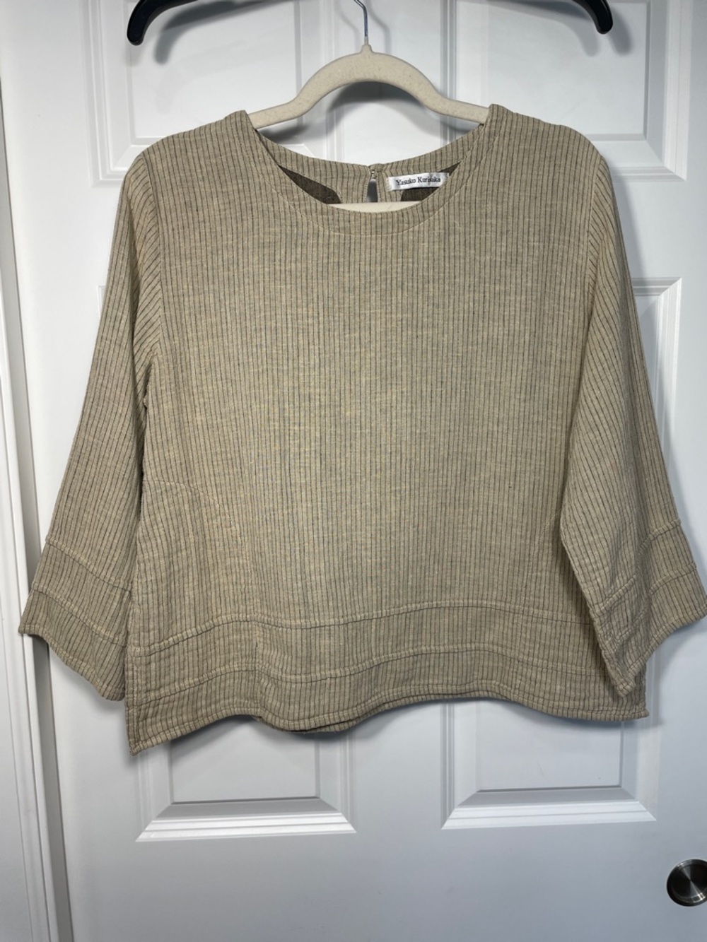 Yasuko Kurisaka Cotton Top Medium Double Gauze 3/4 Sleeve Pockets Tan Striped